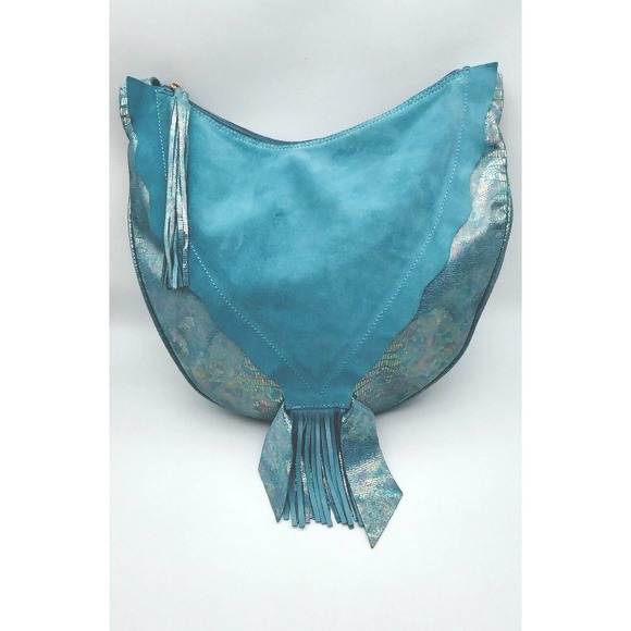 RARE Braccialini Designer Handbag Turquoise Mermaid Fringe Embossed Leather Boho